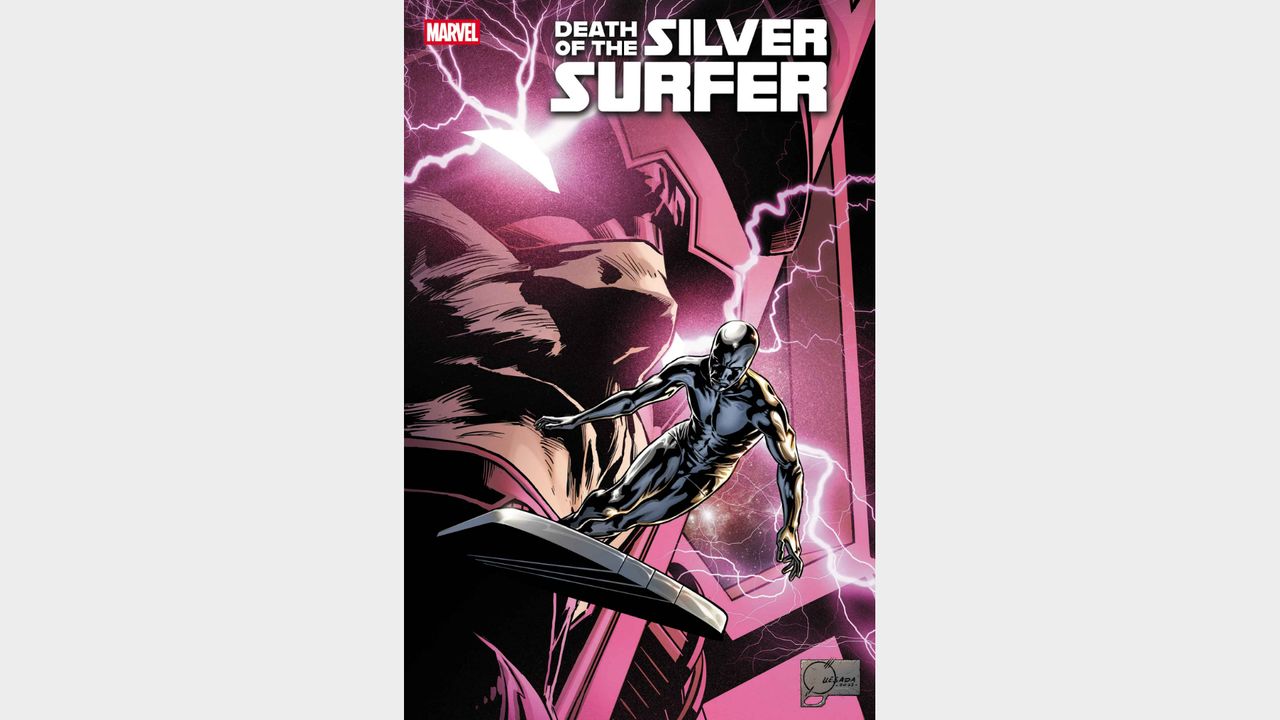 The Silver Surfer flying with Galactus in the background