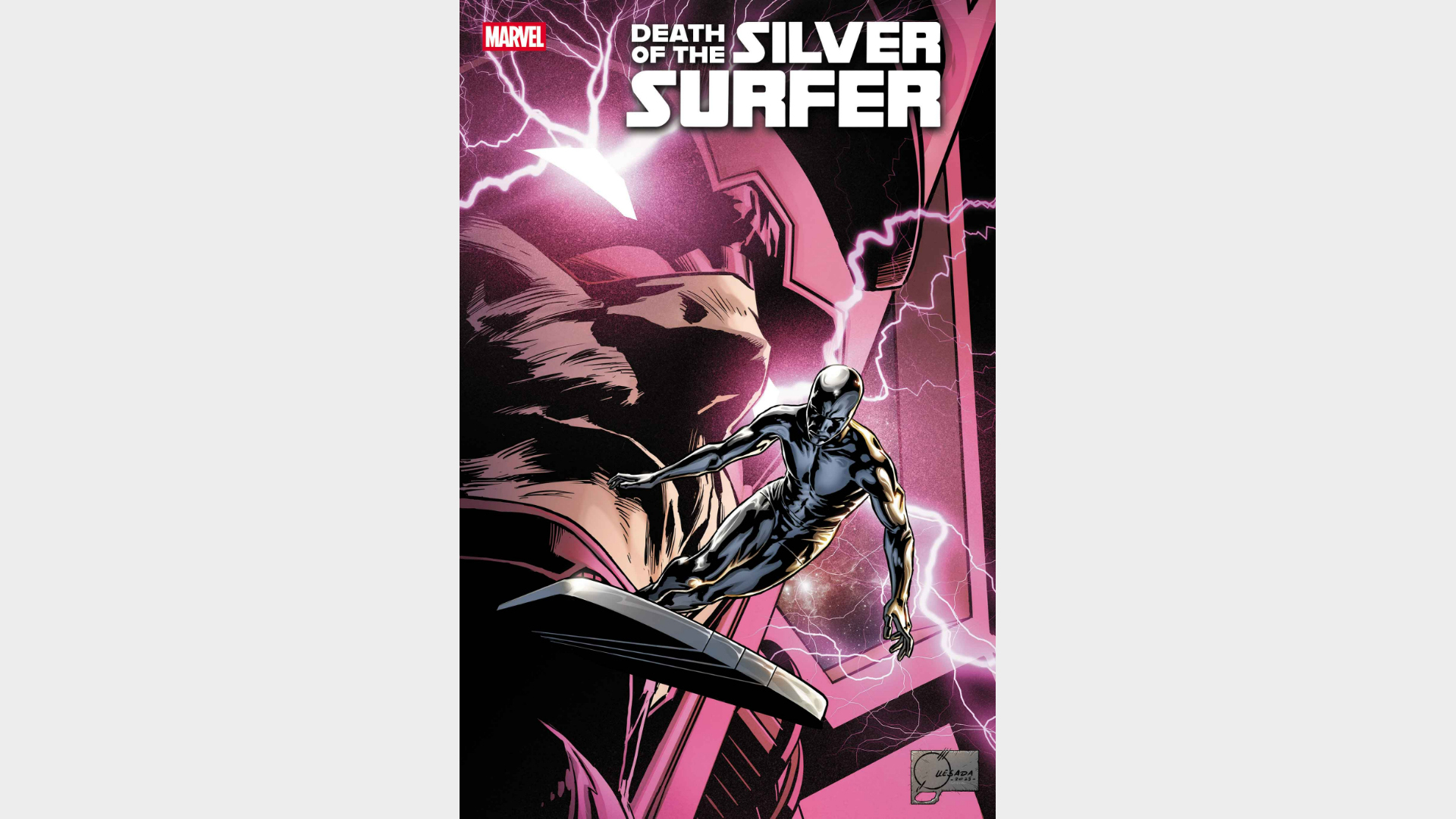 The Silver Surfer flying with Galactus in the background