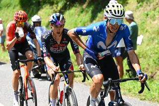 PLATEAU DE BEILLE FRANCE JULY 14 Enric Mas of Spain and Movistar Team rides whilst eating in the breakaway during the 111th Tour de France 2024 Stage 15 a 1977km stage from Loudenvielle to Plateau de Beille 1782m UCIWT on July 14 2024 in Plateau de Beille France Photo by Tim de WaeleGetty Images