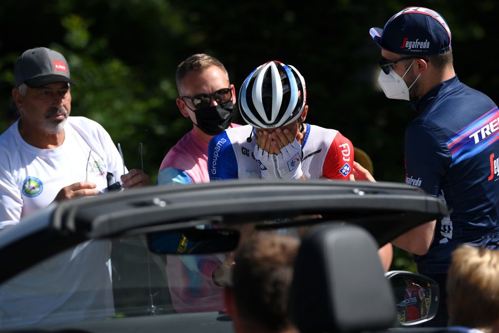 LAUSANNE SWITZERLAND JULY 09 Thibaut Pinot of France and Team Groupama FDJ after being involved in a crash during the 109th Tour de France 2022 Stage 8 a 1863km stage from Dole to Lausanne Cte du Stade olympique 602m TDF2022 WorldTour on July 09 2022 in Lausanne Switzerland Photo by Alex BroadwayGetty Images