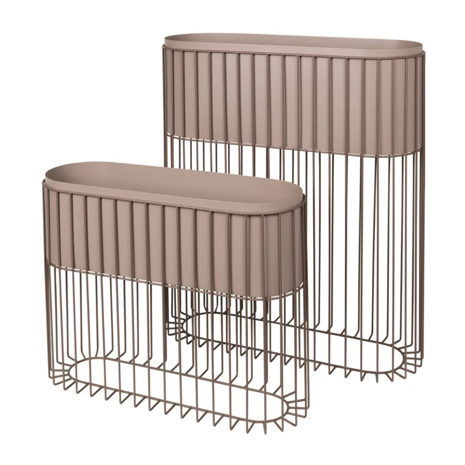 A pair of two beige metal plant boxes