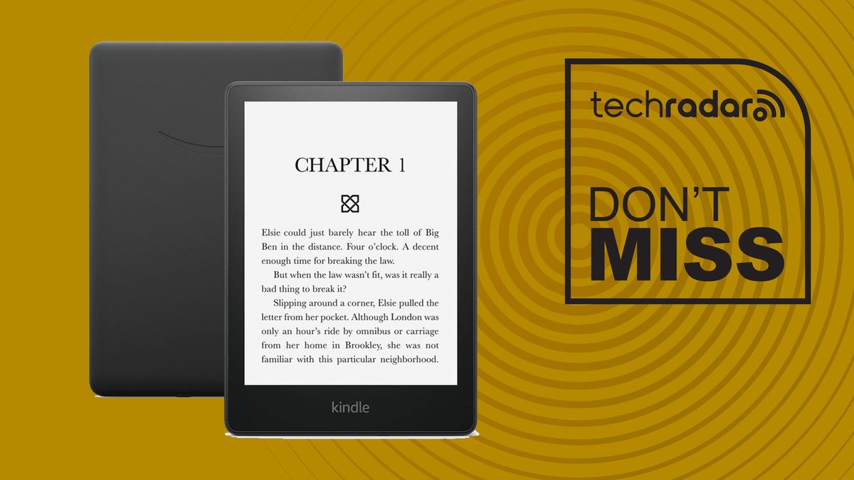 亞馬遜Kindle 2024在帶有Techradar的黃色背景的黑色背景下,不要錯過標誌