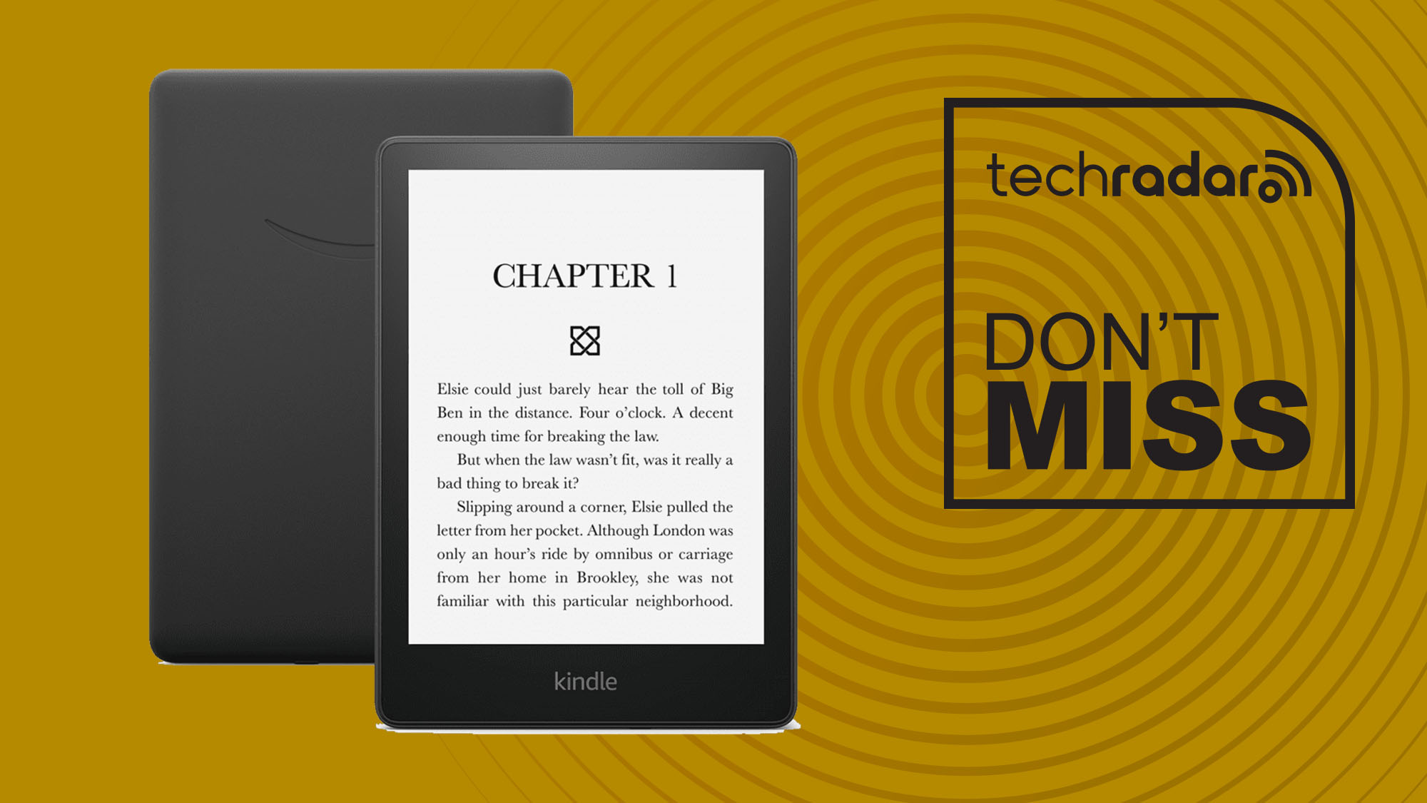 Amazon Kindle 2024 in black on yellow background with TechRadar don&#039;t miss sign