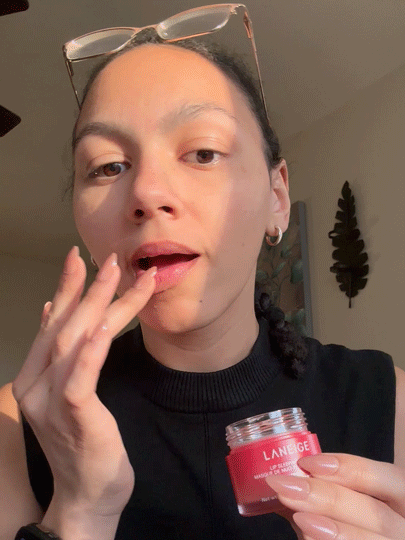 Assistant beauty editor Sabrina Talbert testing the Lip Sleeping Mask.