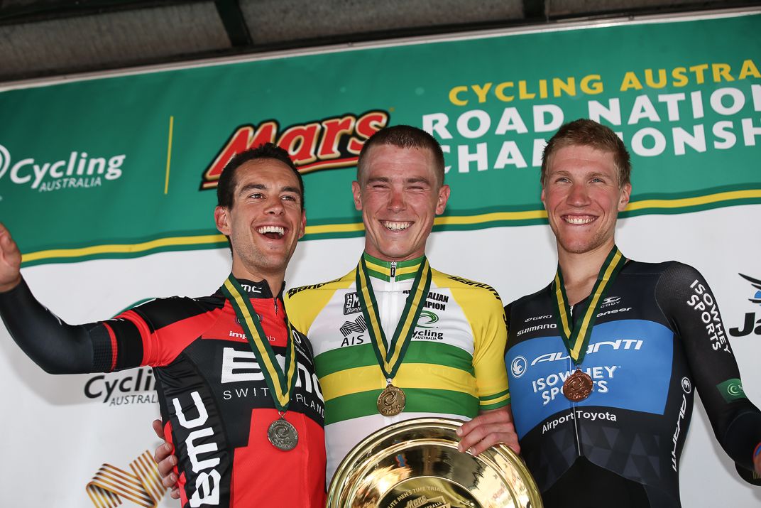 Richie Porte, Rohan Dennis and Sean Lake on the podium