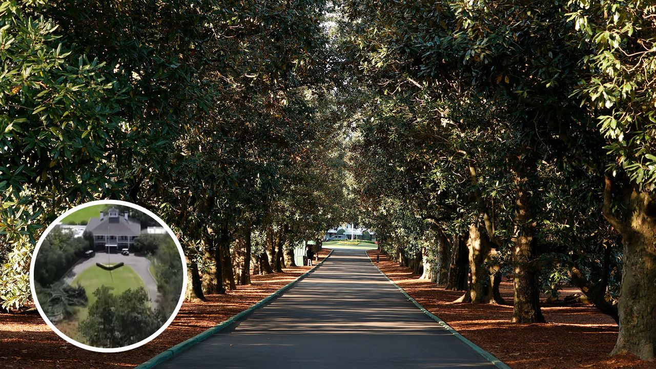 An image of Magnolia Lane with and inset of fallen trees at Augusta National