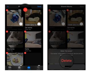 Delete a Shared Photo Album on iPhone and iPad by showing steps: Tap Delete icon, Tap Delete to confirm