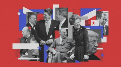 Photo composite illustration of US-UK politicians including FDR, Churchill, Regan, Thatcher, Obama, Cameron, Trump and Starmer