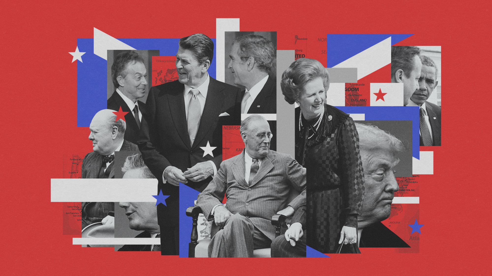 Photo composite illustration of US-UK politicians including FDR, Churchill, Regan, Thatcher, Obama, Cameron, Trump and Starmer