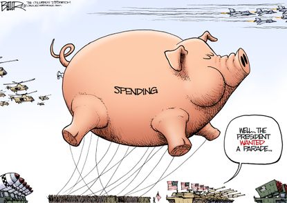 Political cartoon U.S. Trump military parade budget deal spending bill