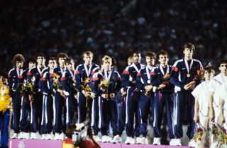 France players receive their gold medals after winning the men's football tournament at the 1984 Olympic Games in Los Angeles.