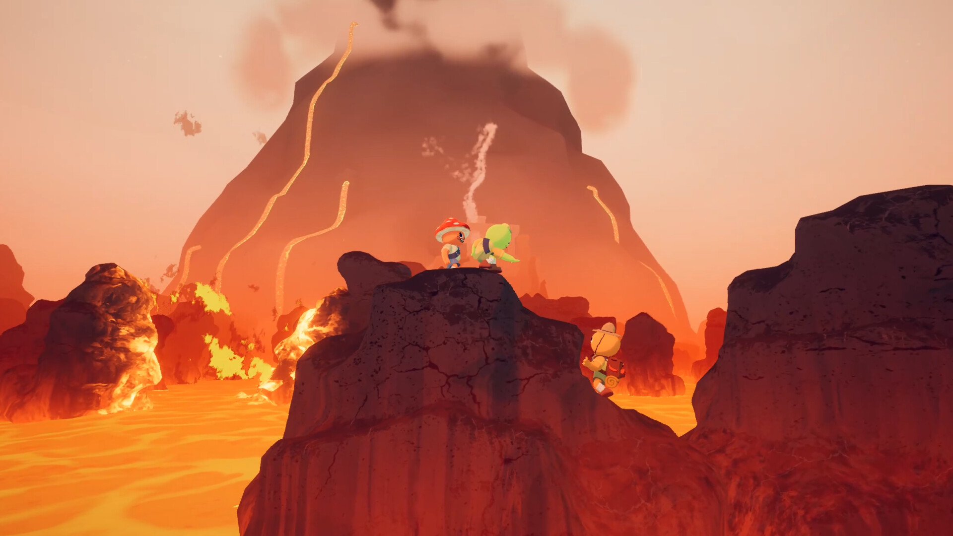 Peak screenshot showing two climbs standing on a high cliff face over lava with a volcano in the background as another climber makes their way to them