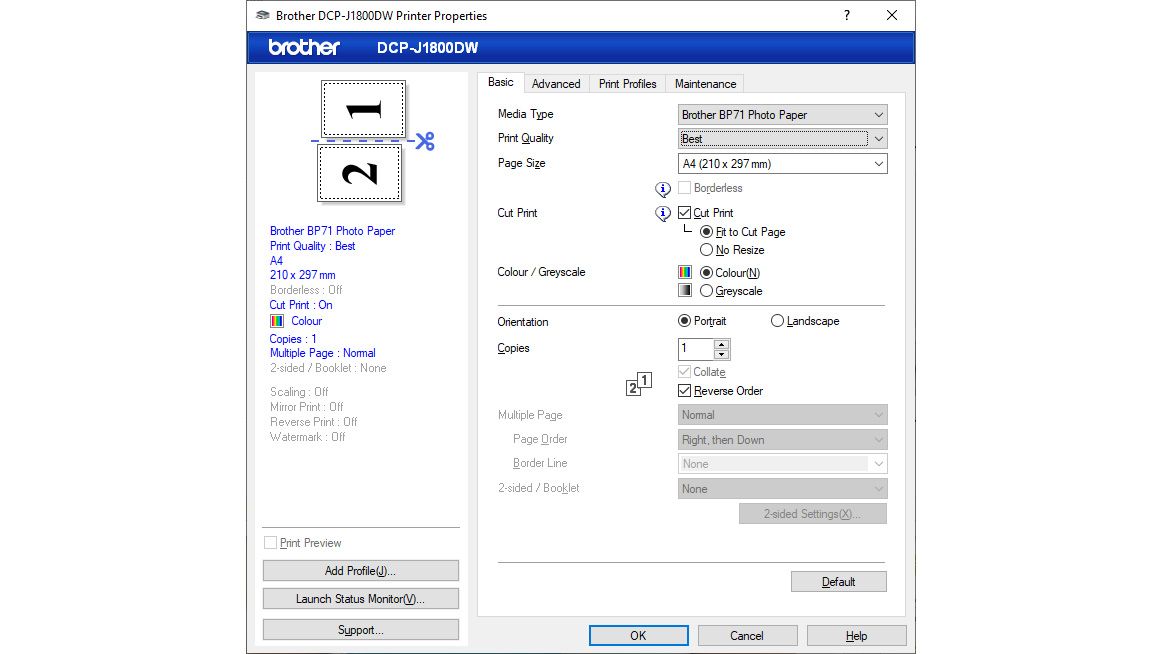 The printing options on the Brother machine