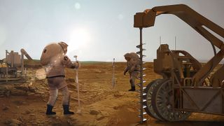 A series of men in spacesuits work with a drill on a dusty red surface