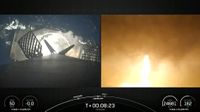 side-by-side views showing a rocket coming down for a landing on a ship at sea