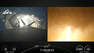 The first stage of a SpaceX Falcon 9 rocket comes down on a drone ship shortly after launching 22 Starlink satellites on June 7, 2024. It was the 300th Falcon 9 landing overall, according to SpaceX.