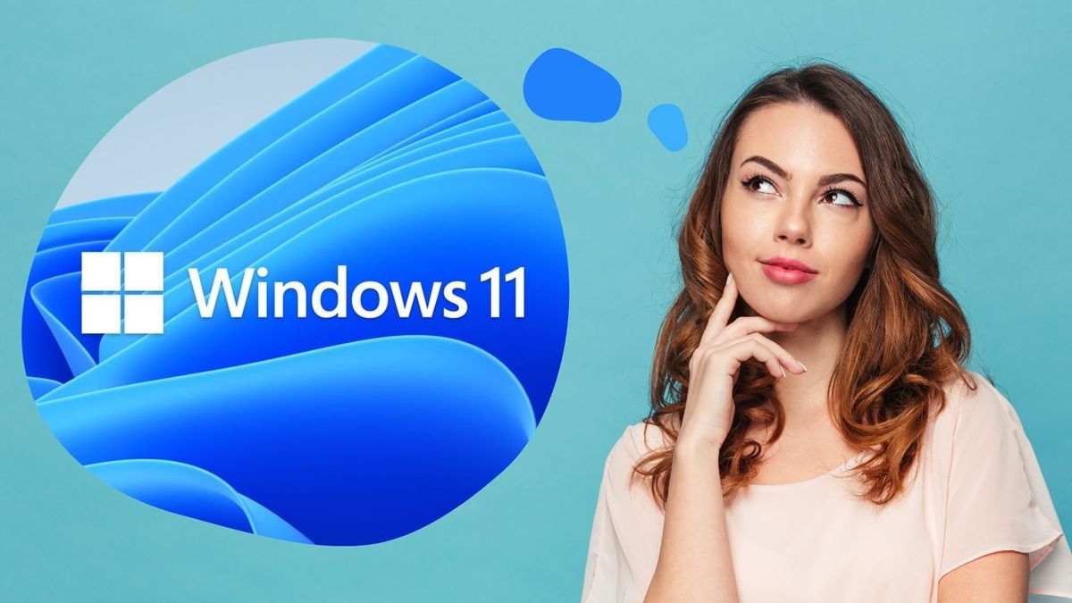 A woman thinking about Windows 11 appearing in a thought bubble