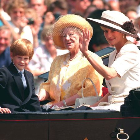 Princess Diana, Prince Harry and the Queen Mother riding in a carriage