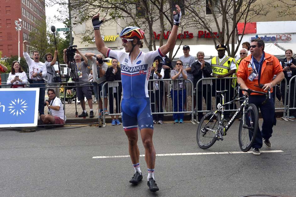 A delighted Peter Sagan celebrates his road race victory