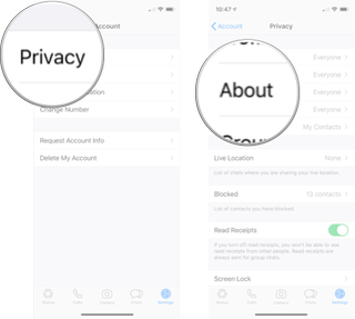=WhatsApp About settings: Tap Privacy button and then tap about.