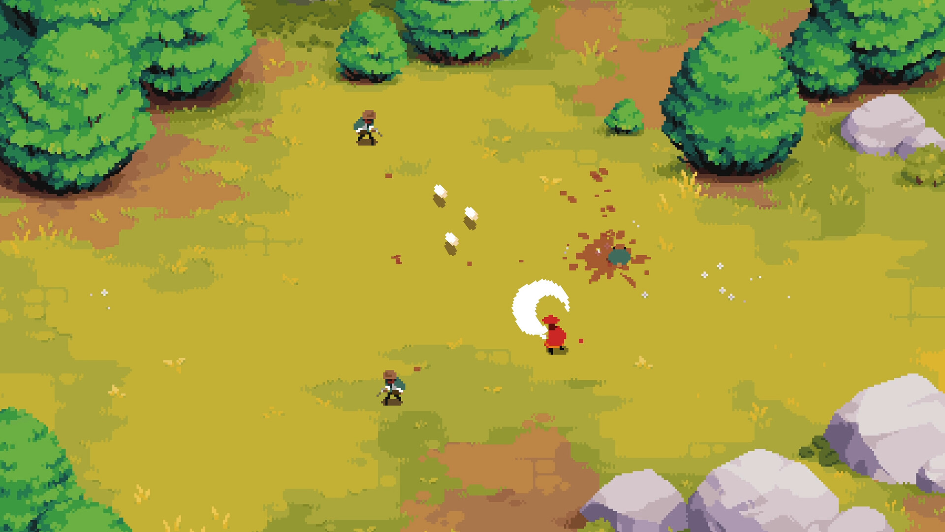 In Arco, small pixelated figures fight against one another on a green field