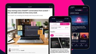 The TechRadar app as shown on a tablet, iPhone and Android