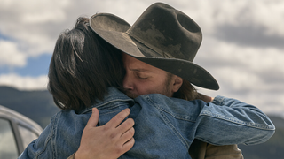 Monica (Kelsey Asbille) and Kayce Dutton (Luke Grimes) embrace each other tightly in Yellowstone season 5 episode 10