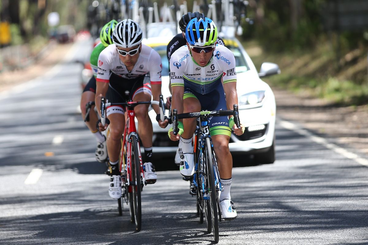 Caleb Ewan leading the breakaway before he abandoned the race