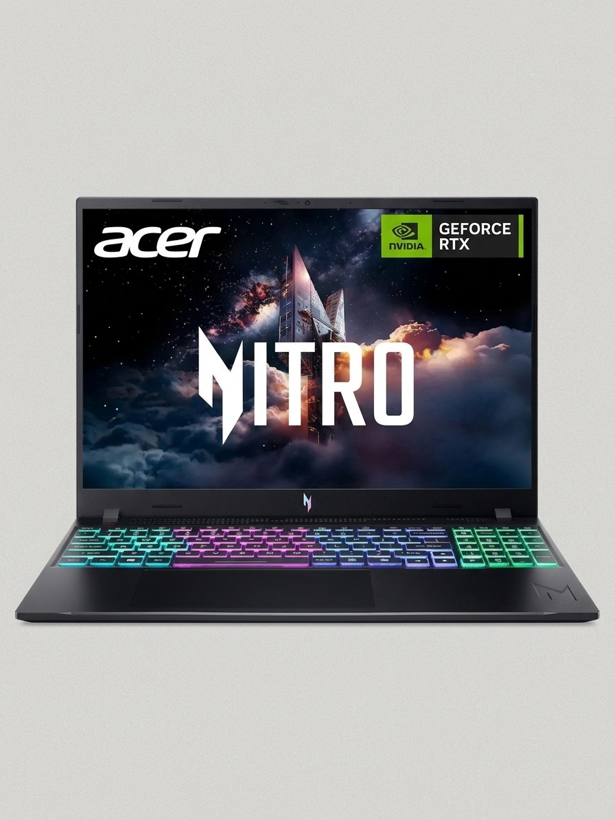 An Acer Nitro V16 gaming laptop on a grey background