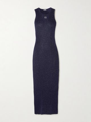 Anagram Embroidered Ribbed Metallic Cotton-Jersey Midi Dress