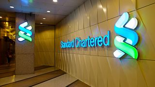 Interior view of the lobby of Standard Chartered bank offices in Hong Kong