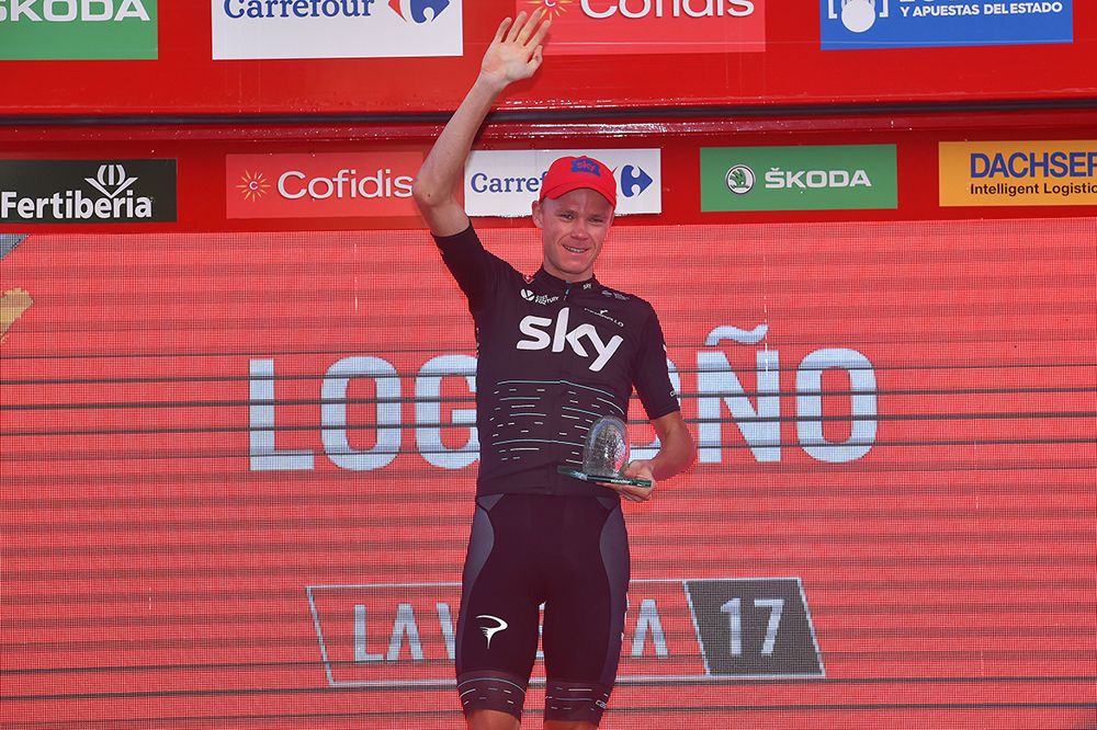 Chris Froome (Team Sky) on the podium at the 2017 Vuelta a Espana