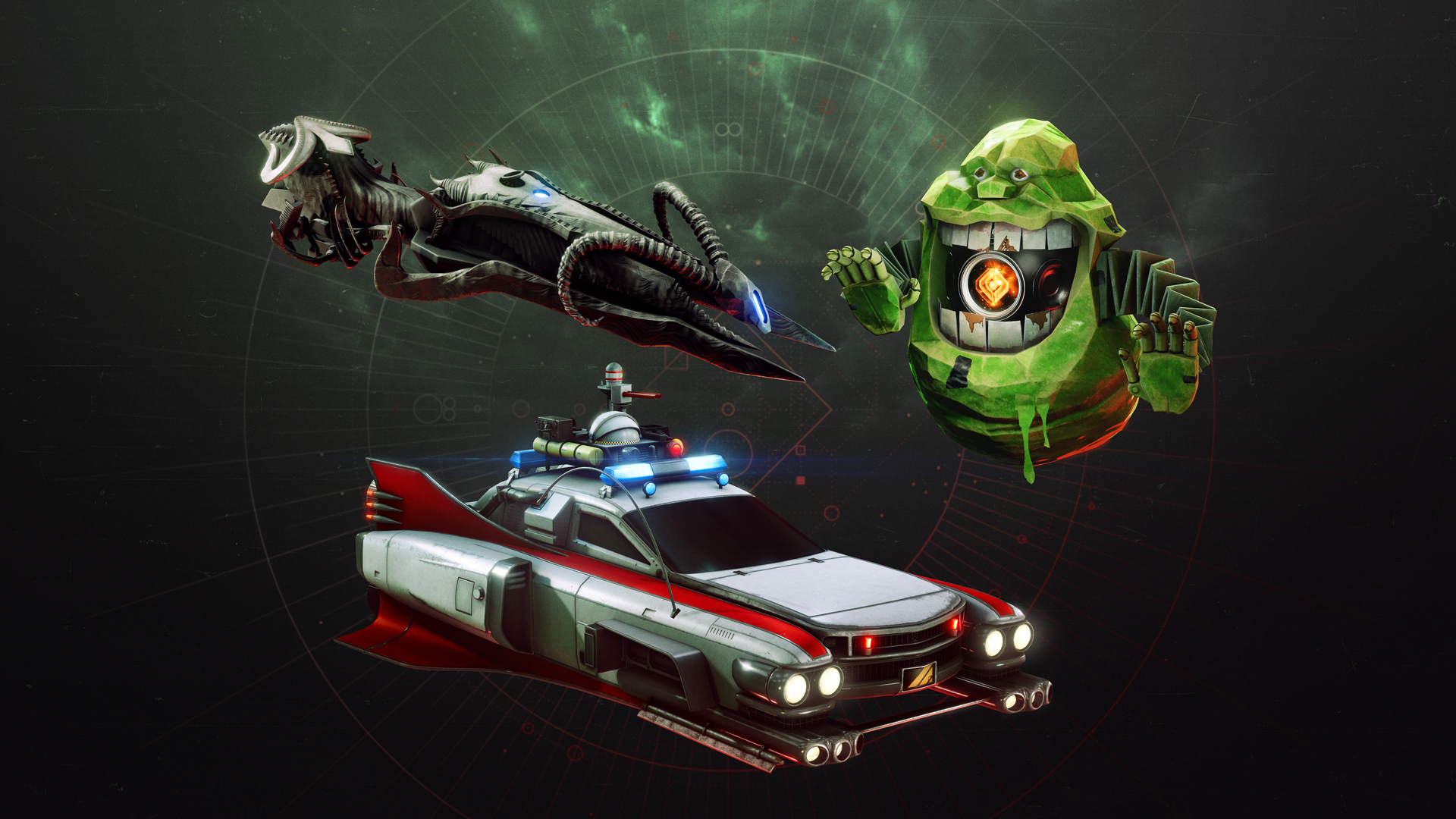 Destiny 2 - Ghostbusters crossover promo image - Slimer Guardian Ghost, a new Sparrow inspired by Garraka, and an Ecto-1-themed Ship