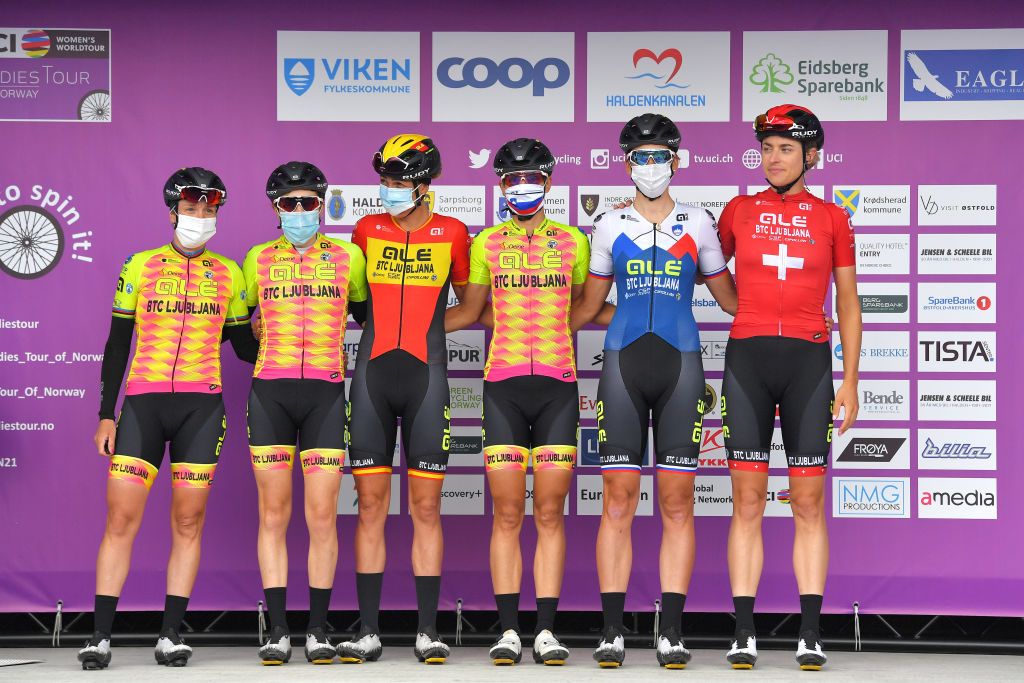 SARPSBORG NORWAY AUGUST 12 Eugenia Bujak of Slovenia Margarita Victoria Garcia Caellas of Spain Tatiana Guderzo of Italy Ursa Pintar of Slovenia Marlen Reusser of Switzerland Sophie Wright of United Kingdom and Team Ale Btc Ljubljana prior to the 7th Ladies Tour Of Norway 2021 Stage 1 a 1415km stage from Halden to Sarpsborg LTourOfNorway LTON21 UCIWWT on August 12 2021 in Sarpsborg Norway Photo by Luc ClaessenGetty Images