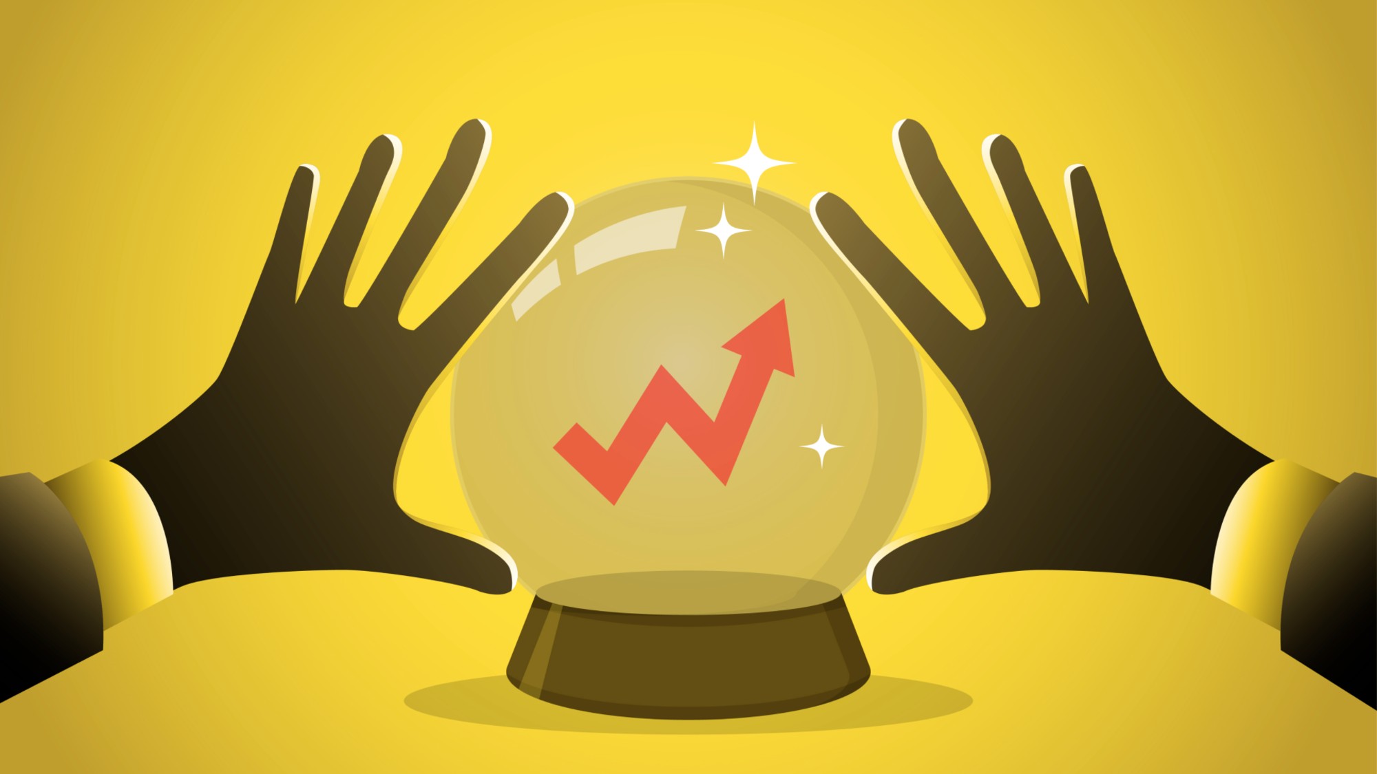 Businessperson's hands with magical powers see financial forecasting on crystal magic ball