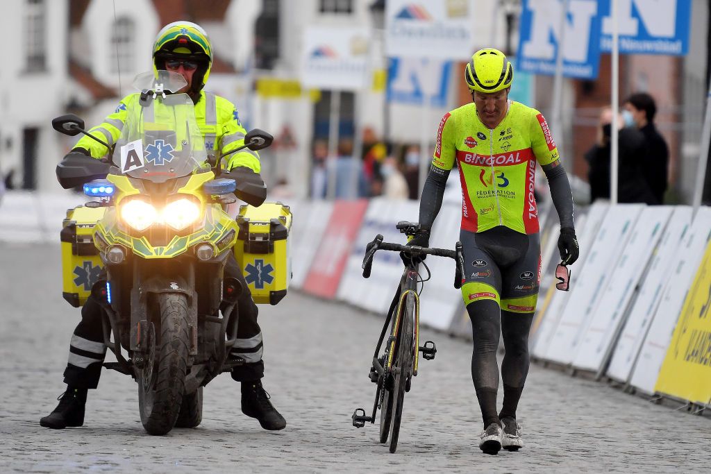 NOKERE BELGIUM MARCH 17 Arrival Timothy Dupont of Belgium and Team Bingoal WB during the 75th Nokere Koerse Danilith Classic 2021 Mens Elite a 1955km race from Deinze to Nokere Crash NokereKoerse on March 17 2021 in Nokere Belgium Photo by Luc ClaessenGetty Images