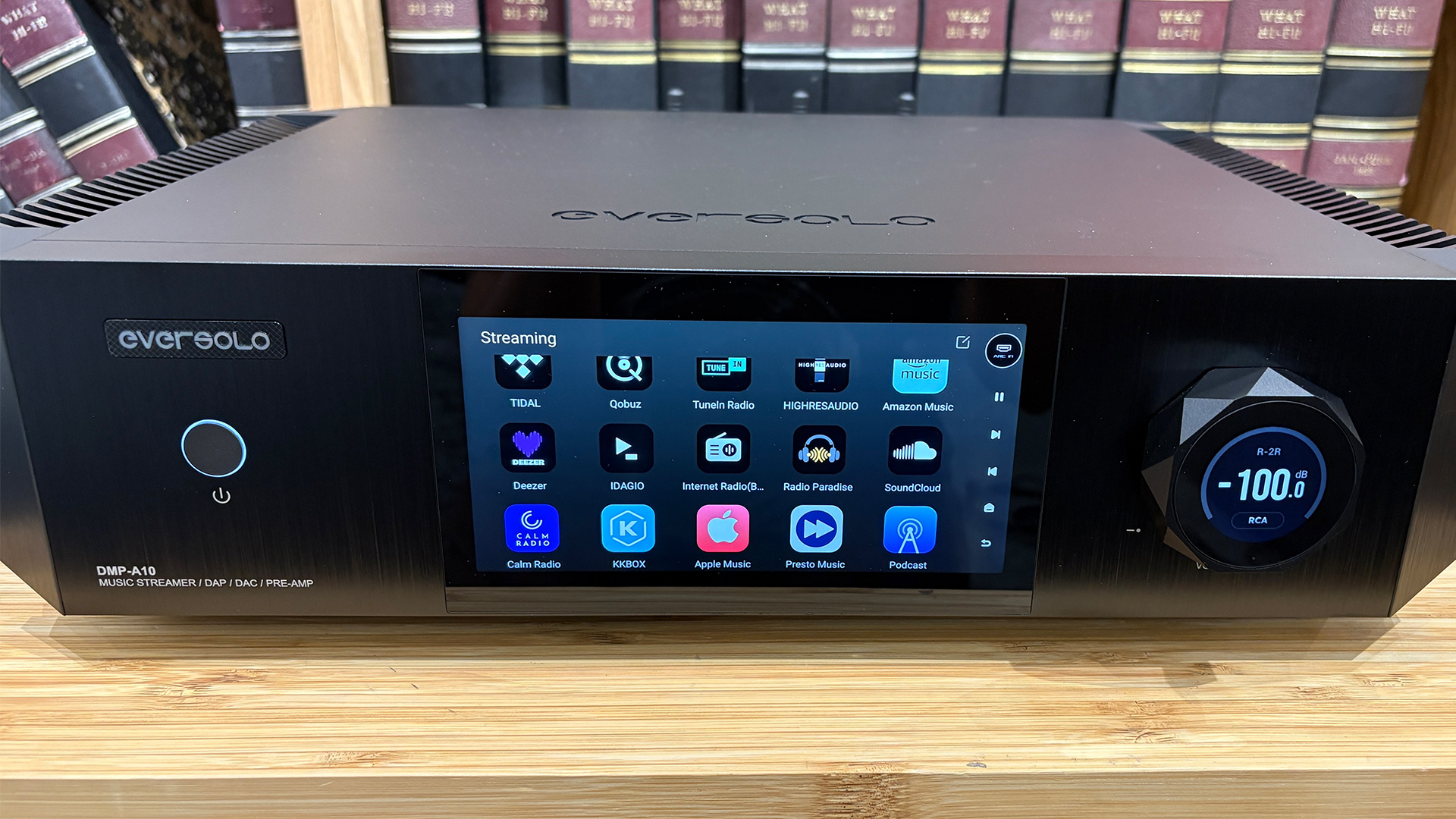 Eversolo DMP-A10 streaming amplifier showing apps on display screen