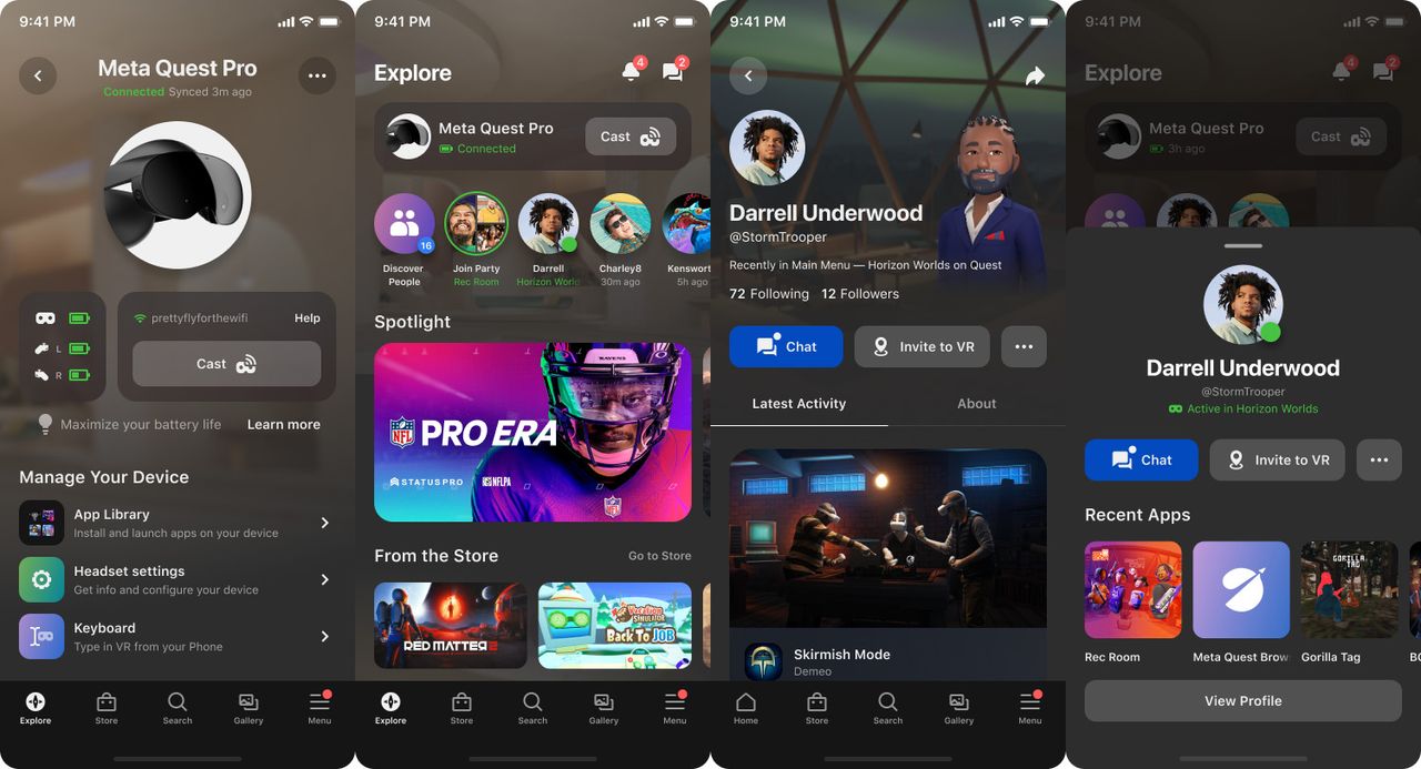 December 2022 Meta Quest app update showcasing the new device management and social panels