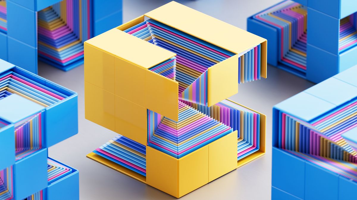 An abstract cube filled with multi-colored layers exposed in missing chunks, surrounded by other cubes, representing AI data protection. Decorative: the cube in the center is yellow and the other cubes are blue, while all sit on a polished white surface.