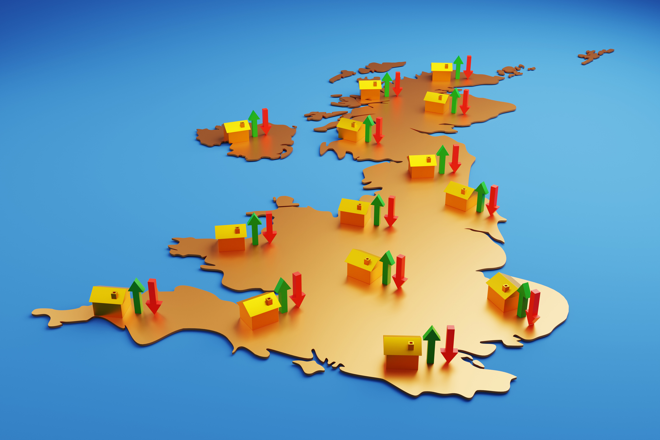 Map of the UK with up and down arrows and houses