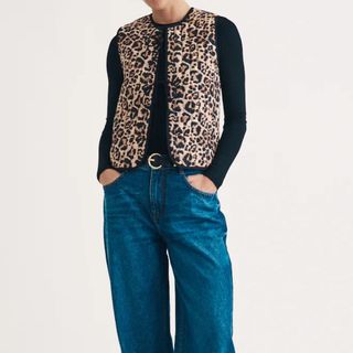 Nobody's Child Leopard Print Tie Front Quilted Gilet pictured on model 