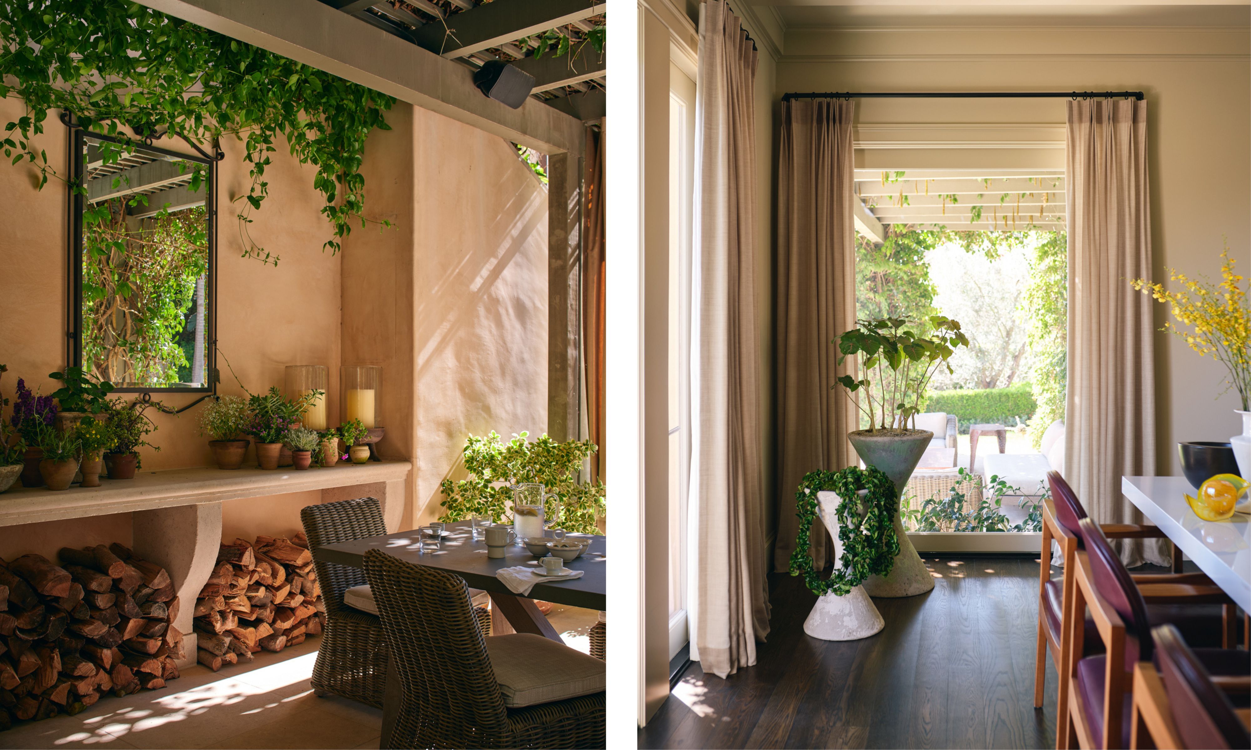 two side by side images of indoor and outdoor living with views outdoors from the dining room on the right and the shaded patio area on the left