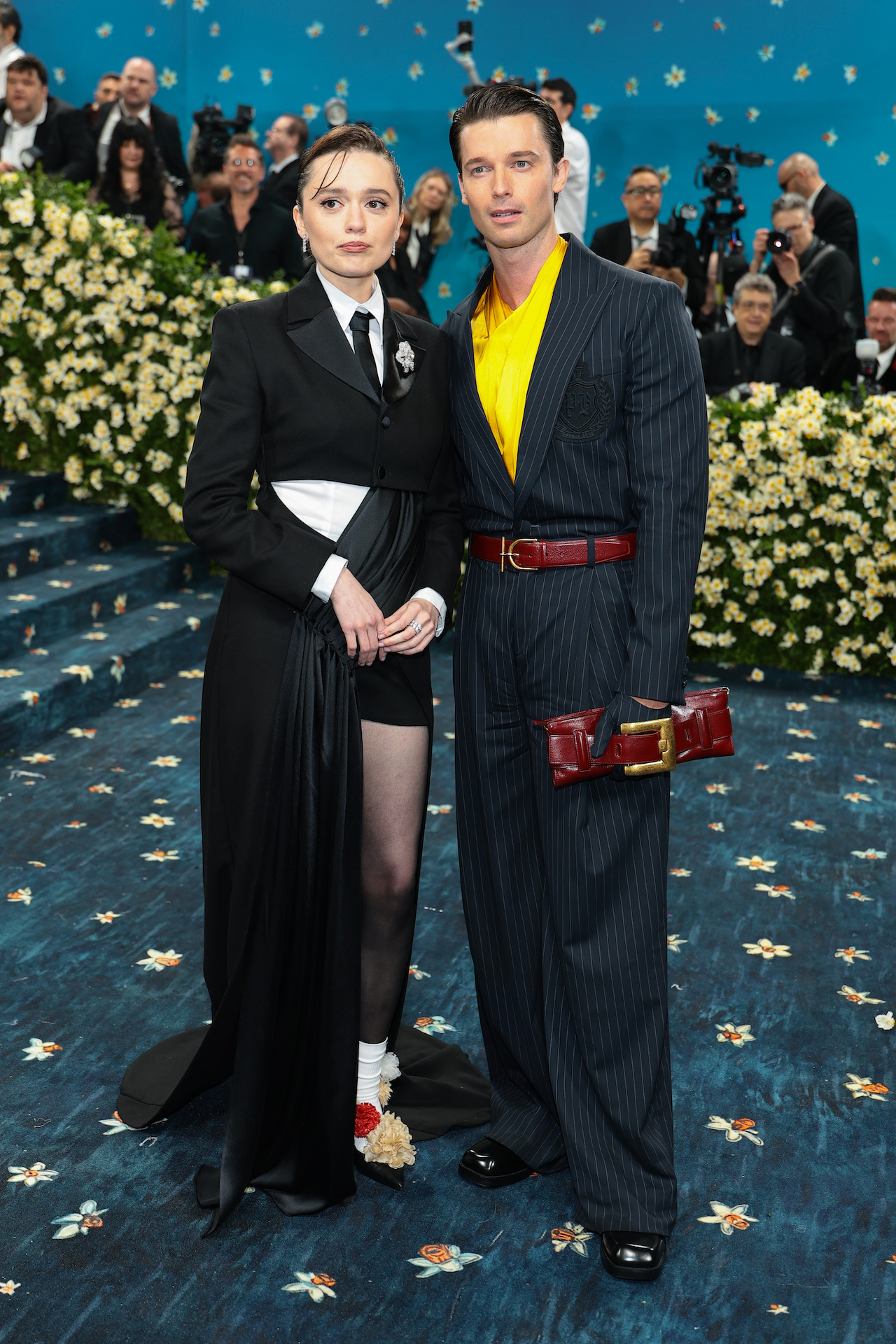 NEW YORK, NEW YORK - MAY 05: (L-R) Aimee Lou Wood and Patrick Schwarzenegger attend the 2025 Met Gala Celebrating "Superfine: Tailoring Black Style" at Metropolitan Museum of Art on May 05, 2025 in New York City. (Photo by Dimitrios Kambouris/Getty Images for The Met Museum/Vogue)