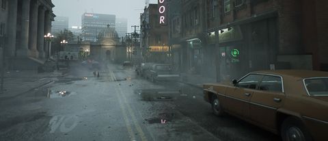 RoboCop Rogue City; a wet street with a car