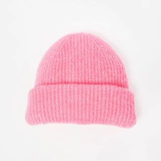 Pink Ribbed Knitted Beanie Hat