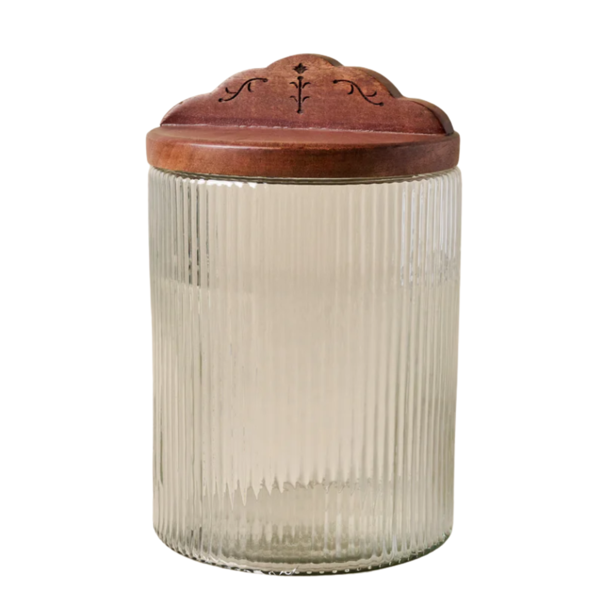 a ribbed glass car with a wooden lid