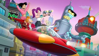 six colorful characters including a cyclops and a crab person ride through a futuristic city skyline in a red flying car alongside a skyscraper-sized robot