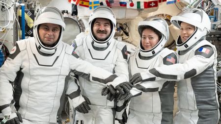 NASA&rsquo;s SpaceX Crew-12 members pose in the pressure suits they will wear when they depart the International Space Station inside the SpaceX Dragon spacecraft. From left: cosmonaut and mission specialist Andrey Fedyaev, NASA astronauts Jack Hathaway and Jessica Meir, Crew-12 pilot and commander respectively, and European Space Agency astronaut and mission specialist Sophie Adenot.