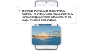 An text box overlaying an image describes the scene: a wide shot of the Sydney Opera House in Australia
