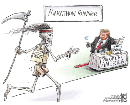 Political Cartoon U.S. Trump coronavirus marathon water